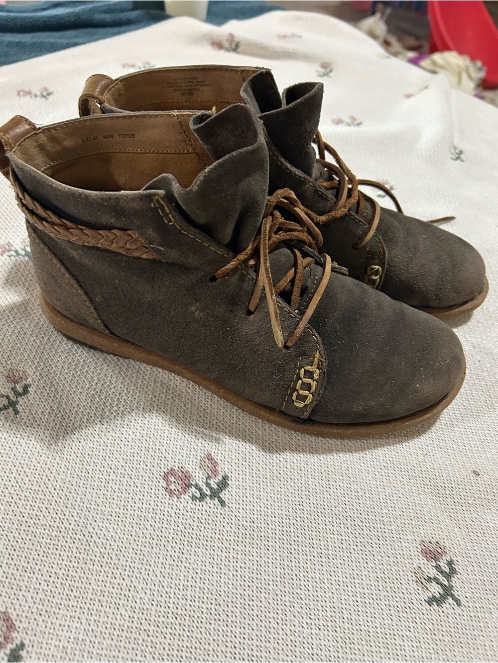 Born Brown Suede Lace-Up Ankle Booties with Braided Trim
